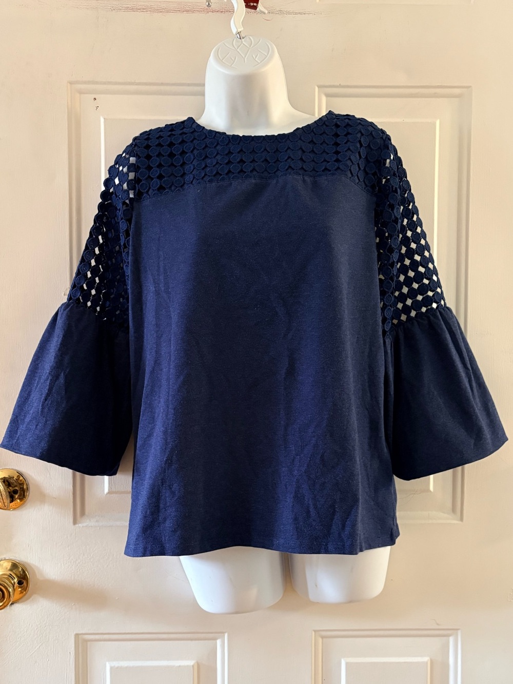 Chico's Navy Crochet Yoke Bell Sleeve Top. Size 7